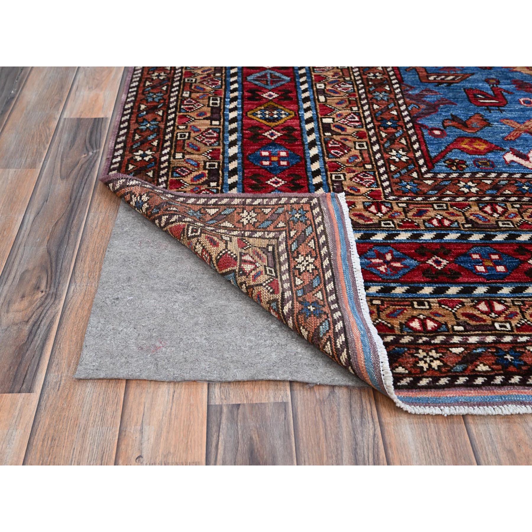 8'9"x10'5" Lichen Blue, Multiple Borders, Compartmentation Design, Turkish Knot Geometric Pattern, Hand Knotted Small Animals and Birds Figurines, Shiny Wool, Oriental Rug HR86977 - Image 5