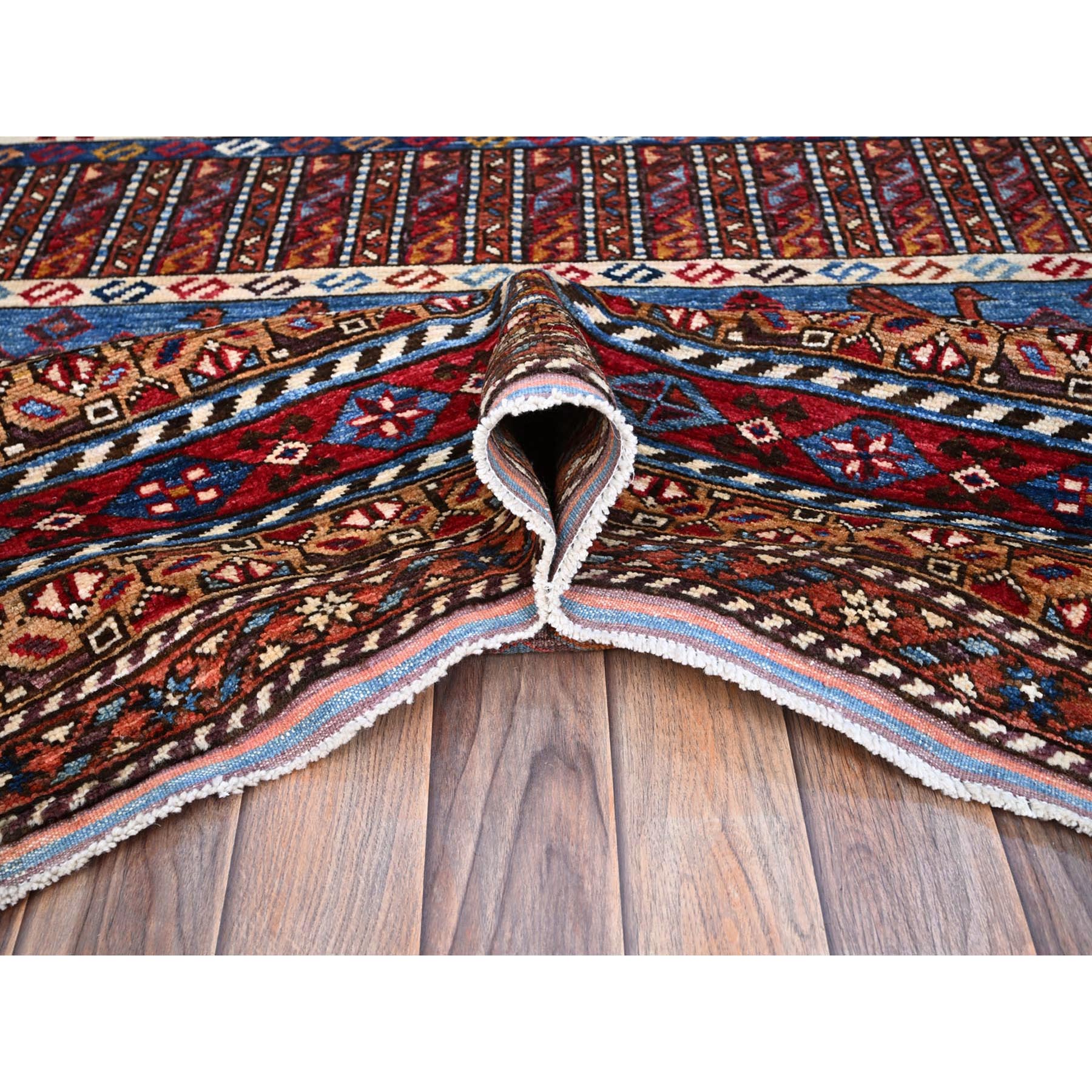 8'9"x10'5" Lichen Blue, Multiple Borders, Compartmentation Design, Turkish Knot Geometric Pattern, Hand Knotted Small Animals and Birds Figurines, Shiny Wool, Oriental Rug HR86977 - Image 6