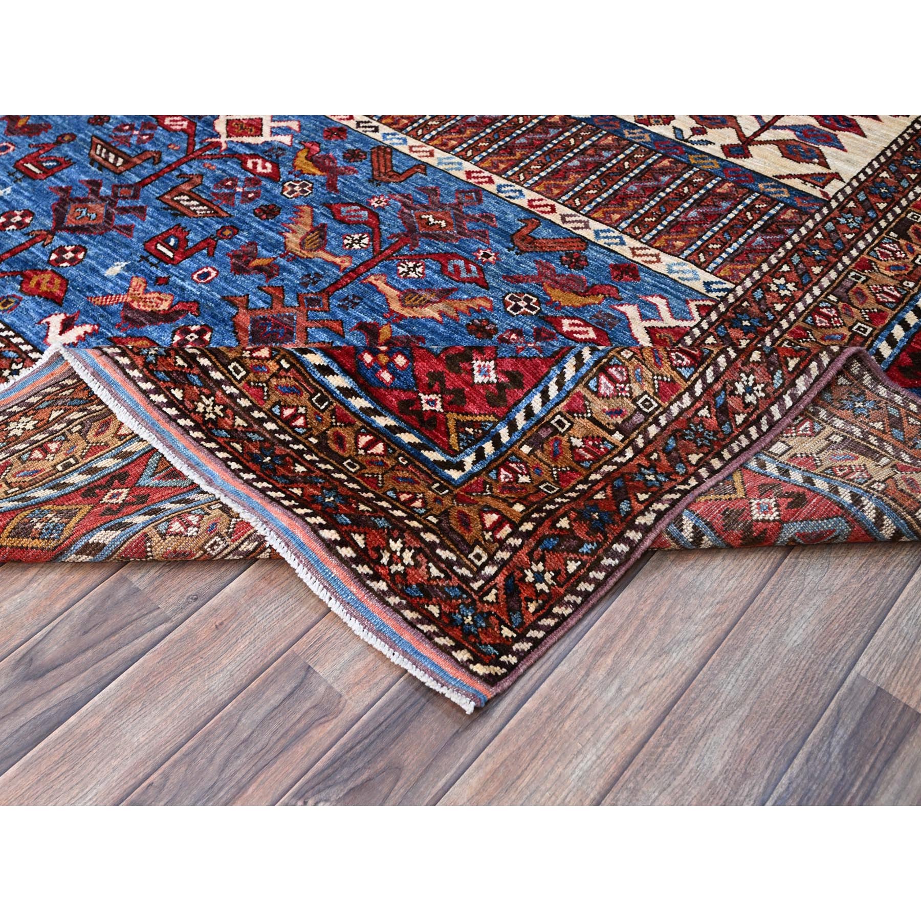 8'9"x10'5" Lichen Blue, Multiple Borders, Compartmentation Design, Turkish Knot Geometric Pattern, Hand Knotted Small Animals and Birds Figurines, Shiny Wool, Oriental Rug HR86977 - Image 7