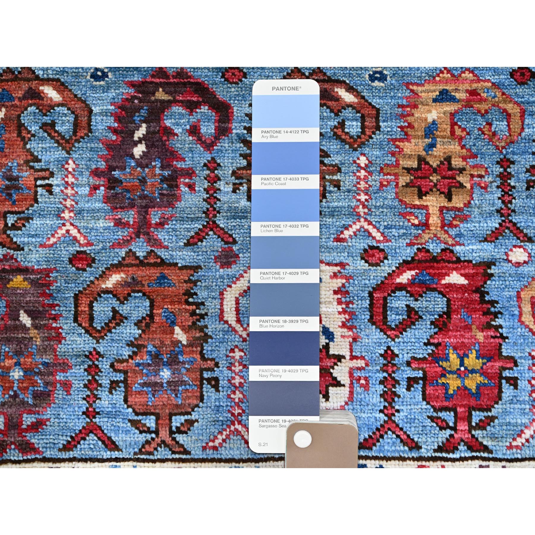 8'9"x10'5" Lichen Blue, Multiple Borders, Compartmentation Design, Turkish Knot Geometric Pattern, Hand Knotted Small Animals and Birds Figurines, Shiny Wool, Oriental Rug HR86977 - Image 8