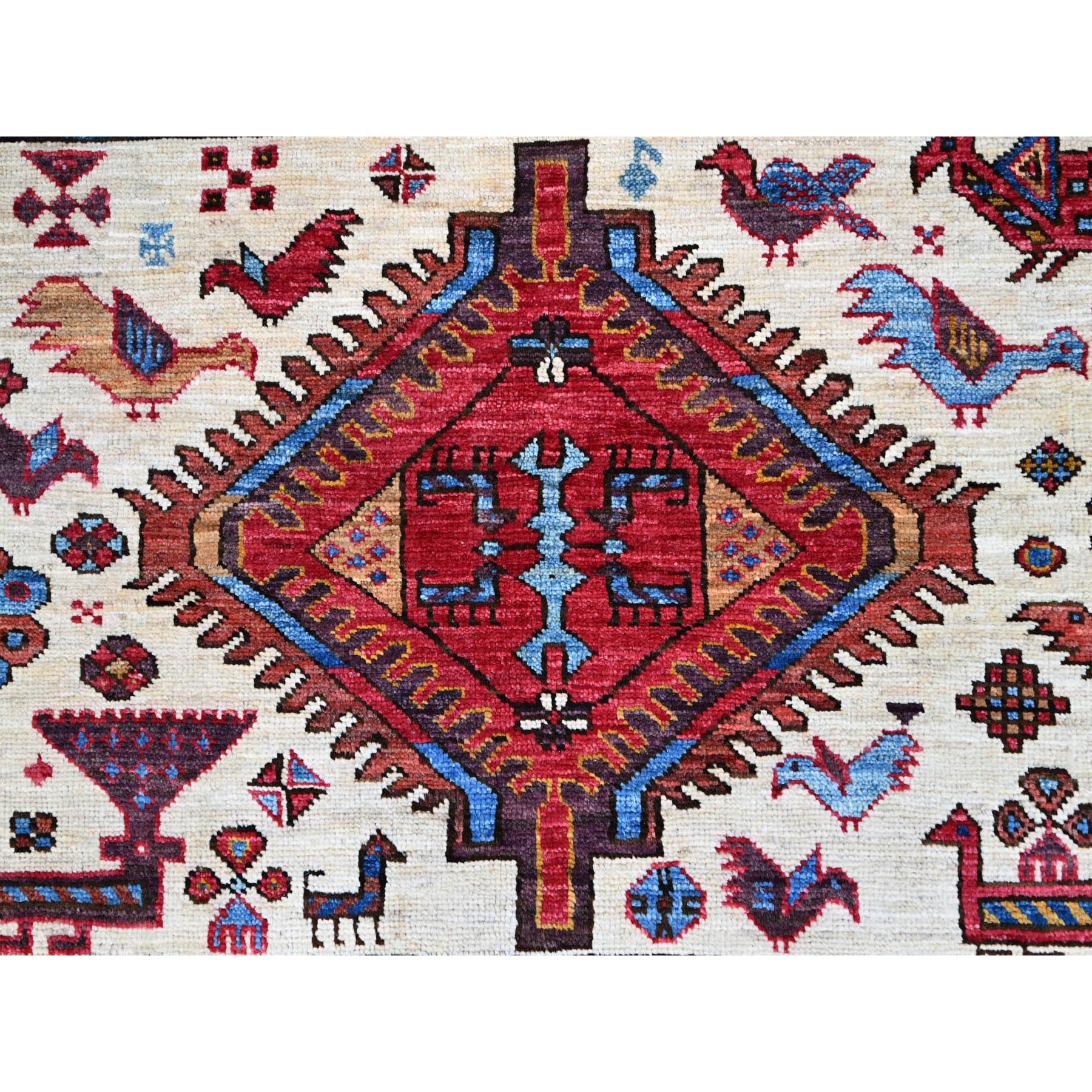 8'9"x10'5" Lichen Blue, Multiple Borders, Compartmentation Design, Turkish Knot Geometric Pattern, Hand Knotted Small Animals and Birds Figurines, Shiny Wool, Oriental Rug HR86977 - Image 9