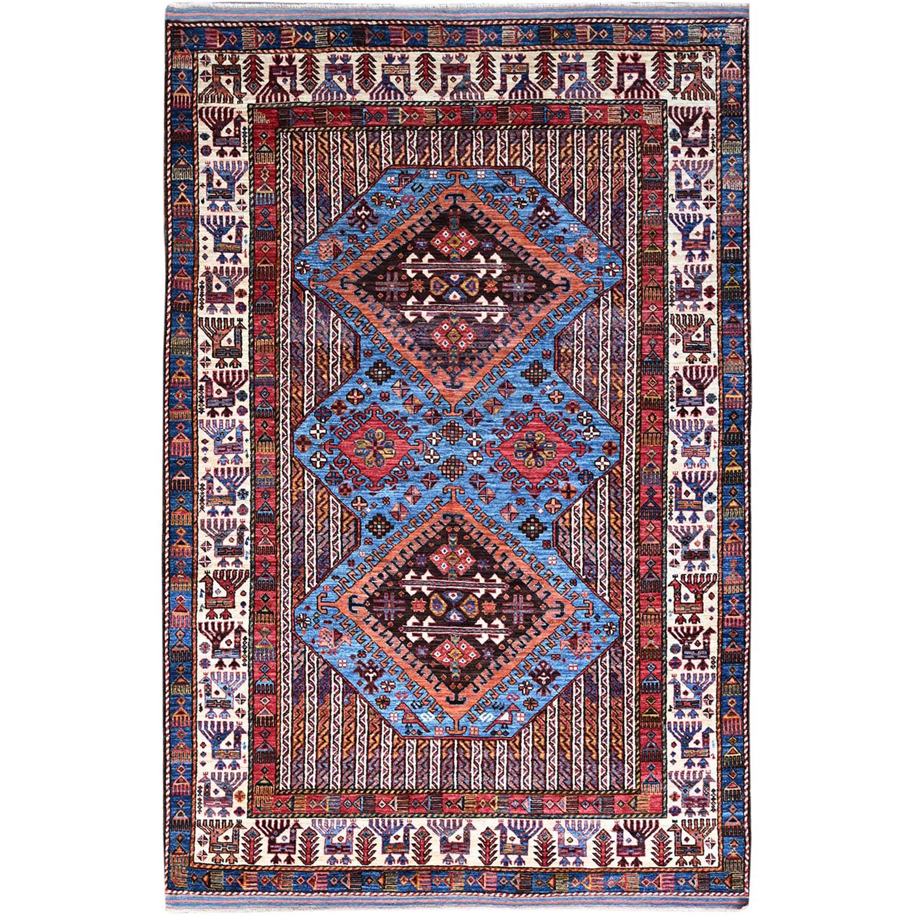 5'10"x9' Azure Blue and Comfort White, Hand Knotted, Shiny Wool, Colorful Turkish Knot Geometric Elements With Small Birds Figurines, Striped Oriental Rug HR86981