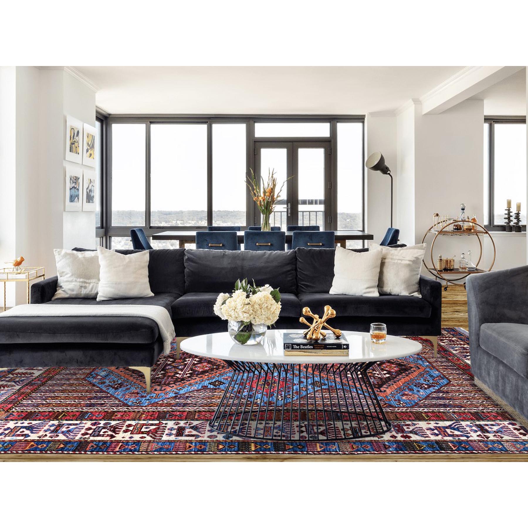5'10"x9' Azure Blue and Comfort White, Hand Knotted, Shiny Wool, Colorful Turkish Knot Geometric Elements With Small Birds Figurines, Striped Oriental Rug HR86981 - Image 2