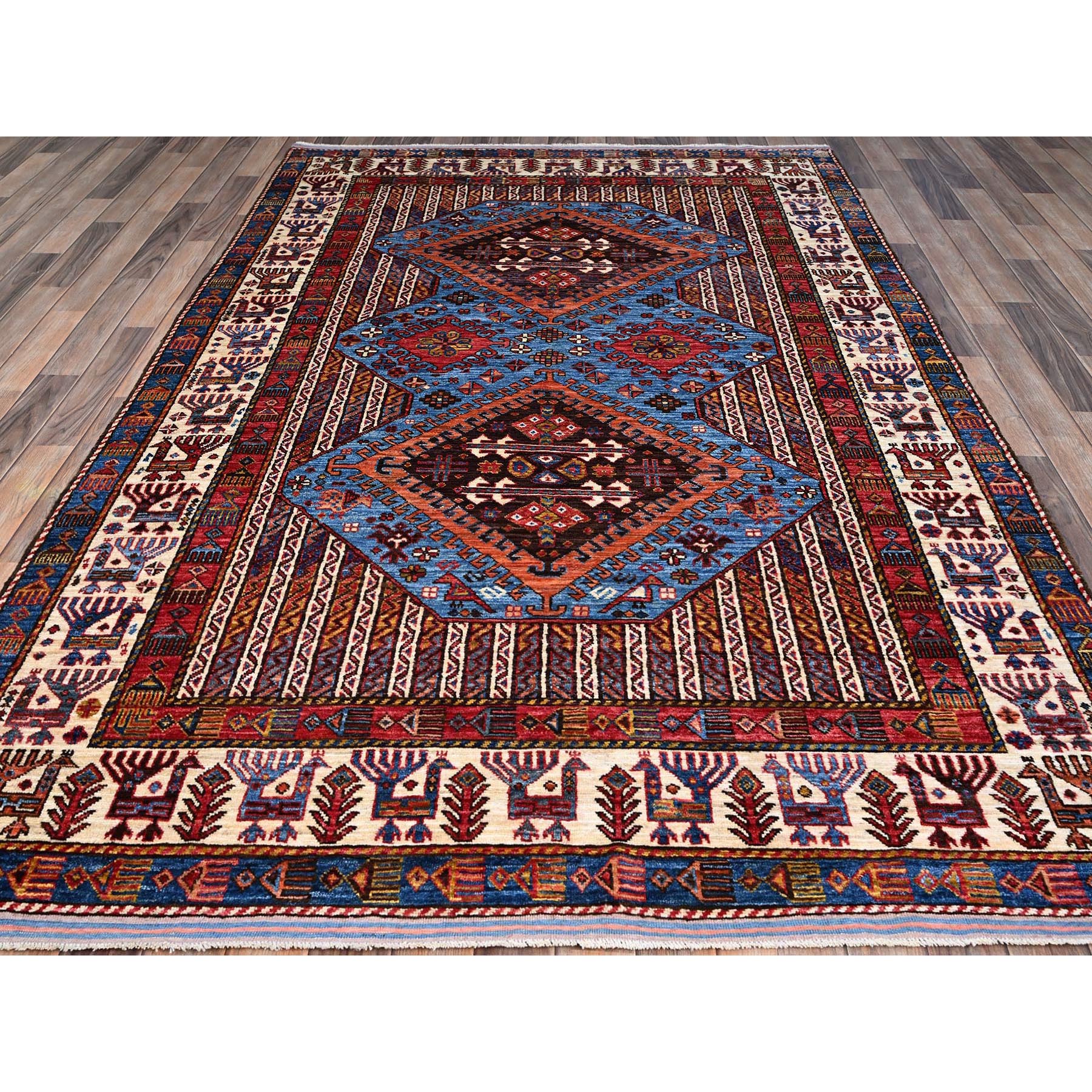5'10"x9' Azure Blue and Comfort White, Hand Knotted, Shiny Wool, Colorful Turkish Knot Geometric Elements With Small Birds Figurines, Striped Oriental Rug HR86981 - Image 3