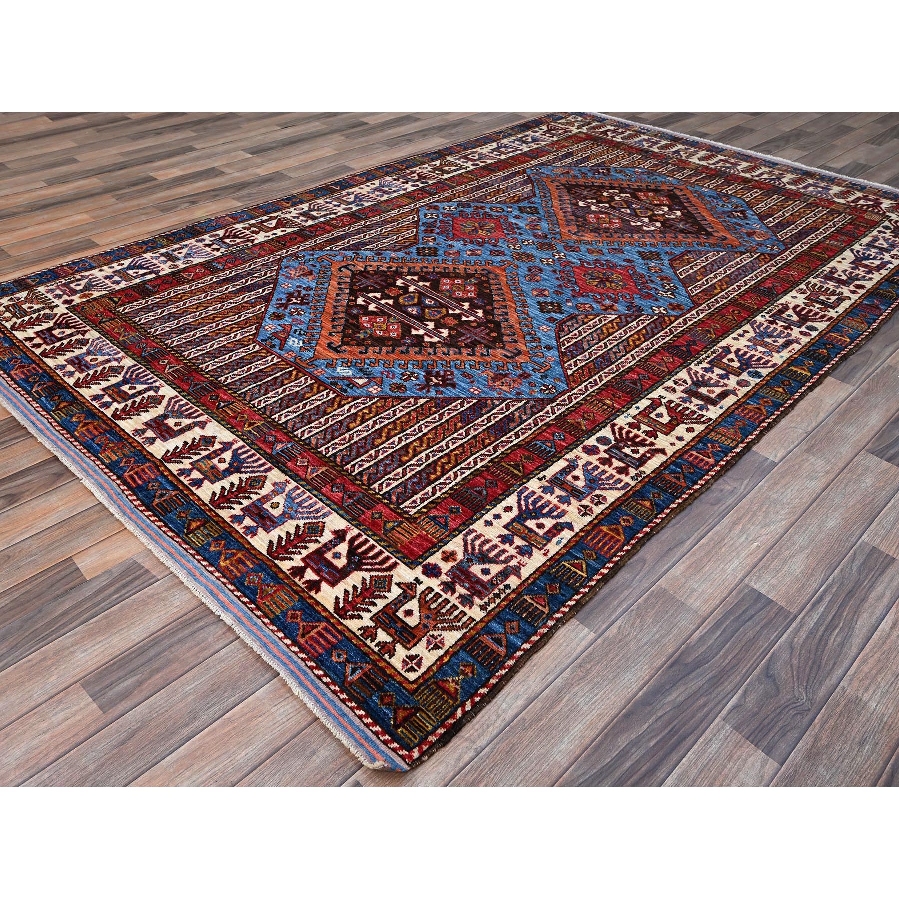 5'10"x9' Azure Blue and Comfort White, Hand Knotted, Shiny Wool, Colorful Turkish Knot Geometric Elements With Small Birds Figurines, Striped Oriental Rug HR86981 - Image 4