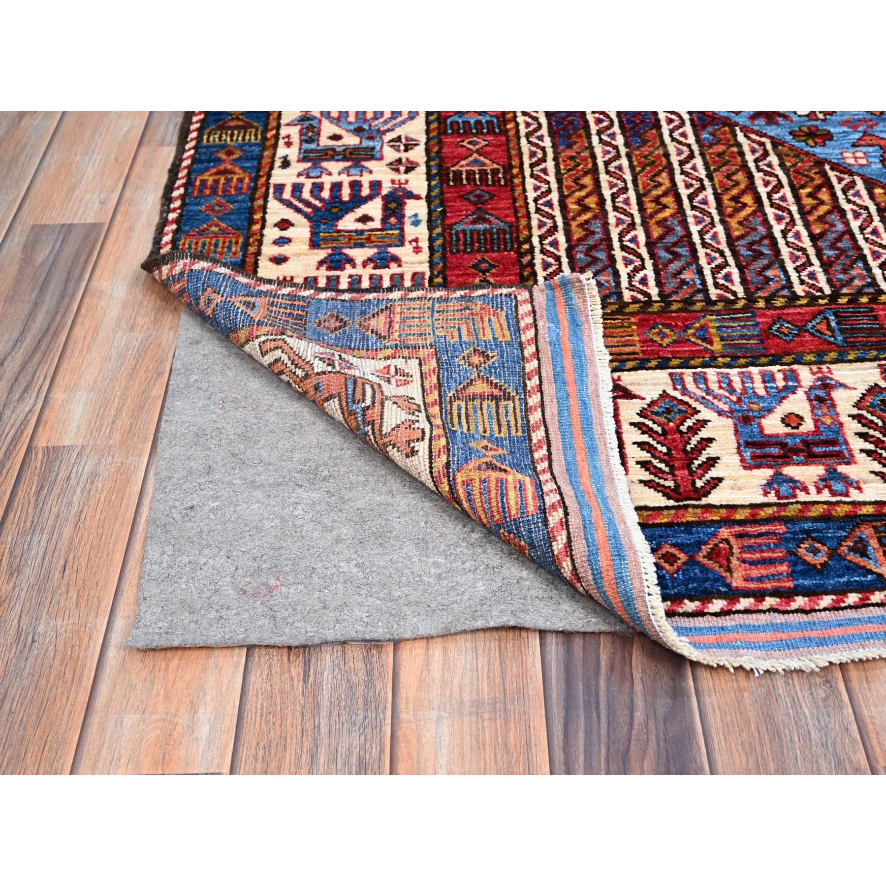 5'10"x9' Azure Blue and Comfort White, Hand Knotted, Shiny Wool, Colorful Turkish Knot Geometric Elements With Small Birds Figurines, Striped Oriental Rug HR86981 - Image 5