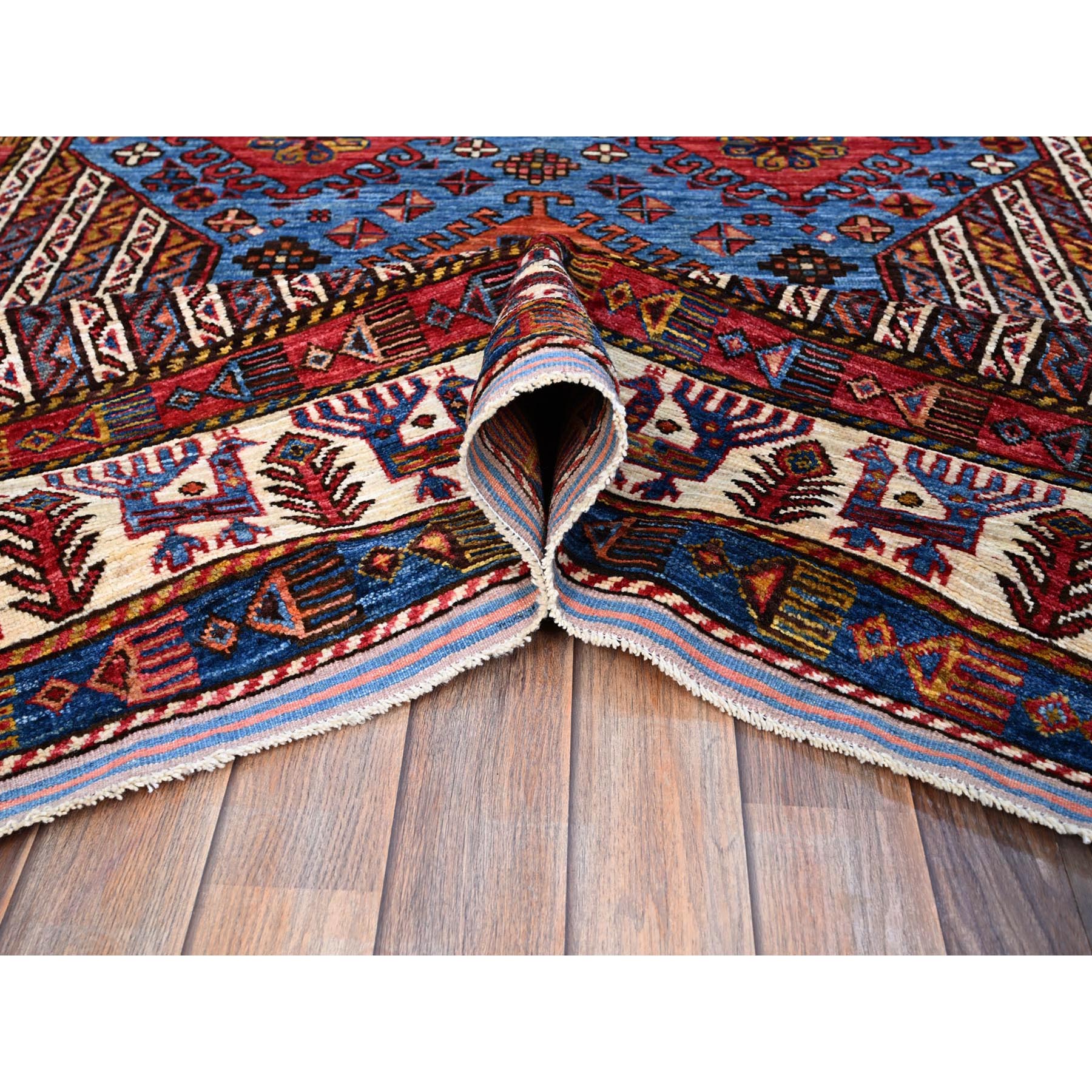 5'10"x9' Azure Blue and Comfort White, Hand Knotted, Shiny Wool, Colorful Turkish Knot Geometric Elements With Small Birds Figurines, Striped Oriental Rug HR86981 - Image 6