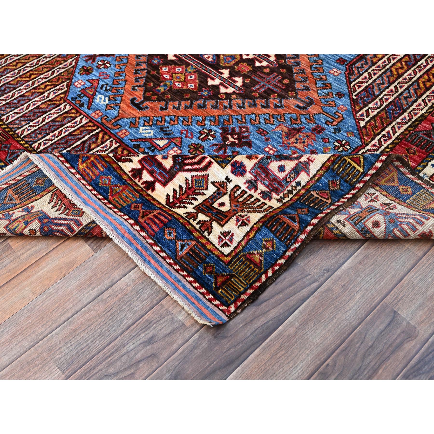 5'10"x9' Azure Blue and Comfort White, Hand Knotted, Shiny Wool, Colorful Turkish Knot Geometric Elements With Small Birds Figurines, Striped Oriental Rug HR86981 - Image 7