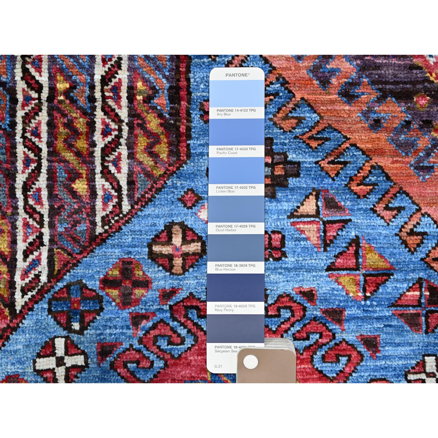 5'10"x9' Azure Blue and Comfort White, Hand Knotted, Shiny Wool, Colorful Turkish Knot Geometric Elements With Small Birds Figurines, Striped Oriental Rug HR86981 - Image 8