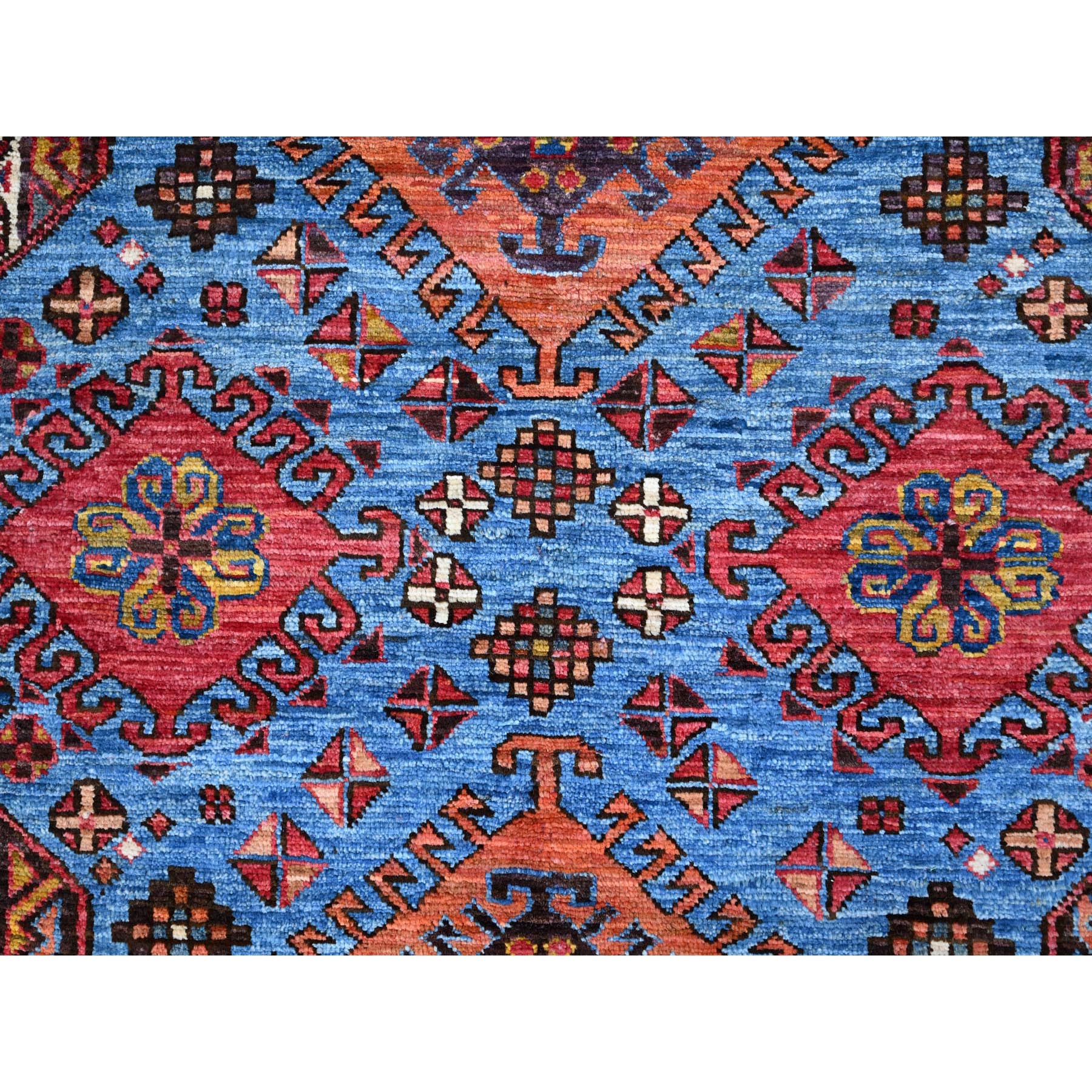 5'10"x9' Azure Blue and Comfort White, Hand Knotted, Shiny Wool, Colorful Turkish Knot Geometric Elements With Small Birds Figurines, Striped Oriental Rug HR86981 - Image 9