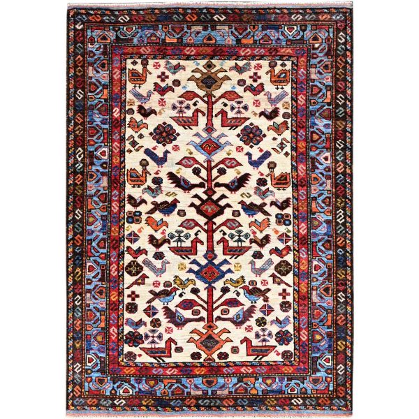 3'8"x5'4" Swiss Coffee White with Quilt Blue Border, Hand Knotted Vibrant Wool, Turkish Knot With All Over Small Birds Figurines, Denser Weave Natural Dyes, Oriental Rug HR86988