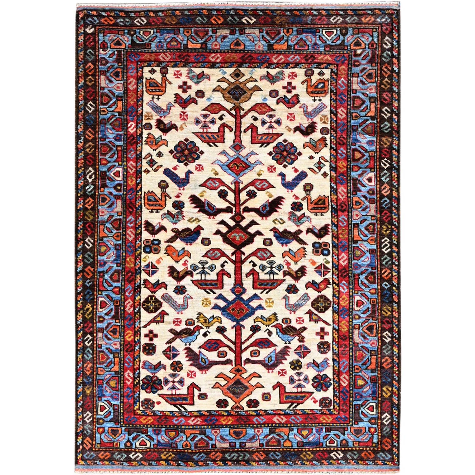 3'8"x5'4" Swiss Coffee White with Quilt Blue Border, Hand Knotted Vibrant Wool, Turkish Knot With All Over Small Birds Figurines, Denser Weave Natural Dyes, Oriental Rug HR86988