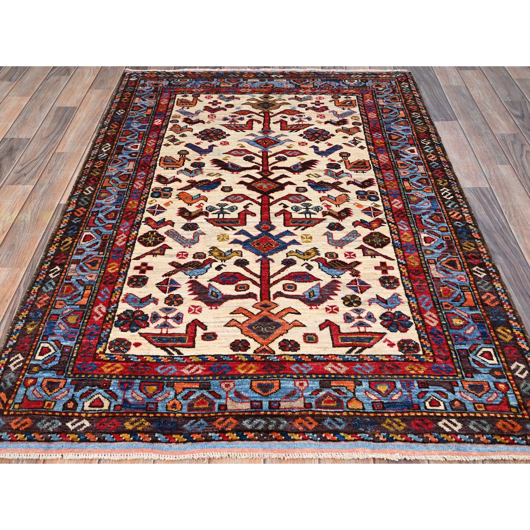 3'8"x5'4" Swiss Coffee White with Quilt Blue Border, Hand Knotted Vibrant Wool, Turkish Knot With All Over Small Birds Figurines, Denser Weave Natural Dyes, Oriental Rug HR86988 - Image 2