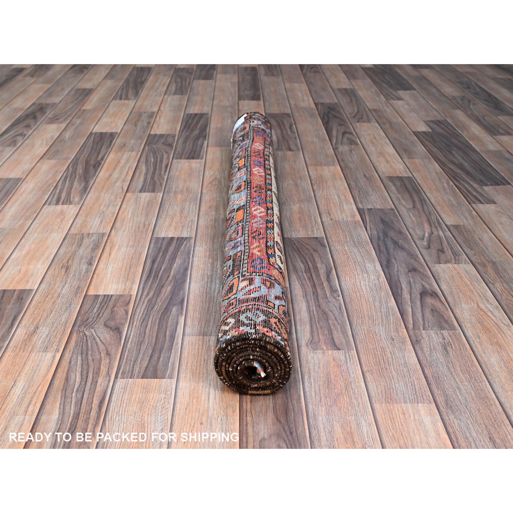 3'8"x5'4" Swiss Coffee White with Quilt Blue Border, Hand Knotted Vibrant Wool, Turkish Knot With All Over Small Birds Figurines, Denser Weave Natural Dyes, Oriental Rug HR86988 - Image 5