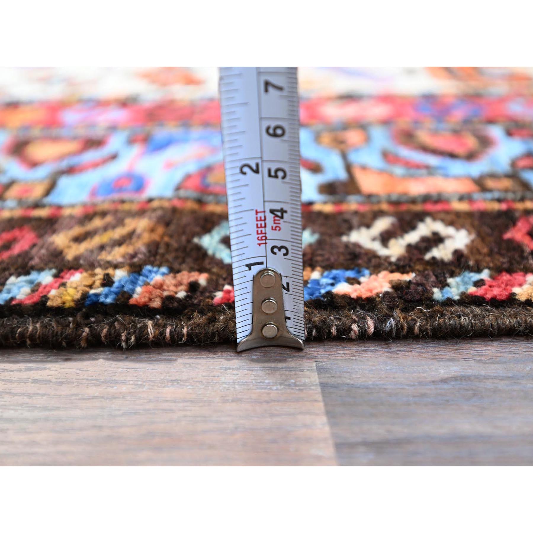 3'8"x5'4" Swiss Coffee White with Quilt Blue Border, Hand Knotted Vibrant Wool, Turkish Knot With All Over Small Birds Figurines, Denser Weave Natural Dyes, Oriental Rug HR86988 - Image 6