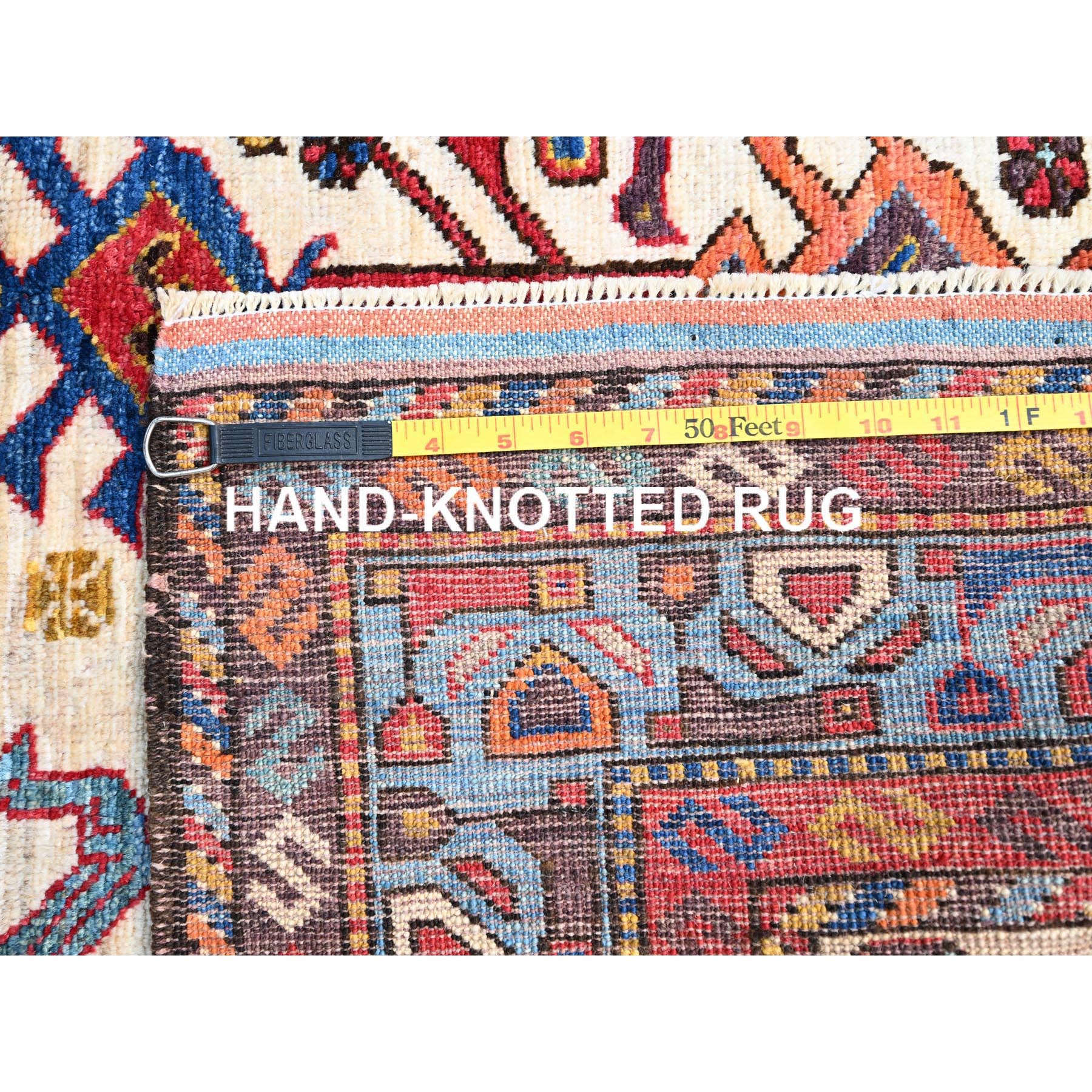 3'8"x5'4" Swiss Coffee White with Quilt Blue Border, Hand Knotted Vibrant Wool, Turkish Knot With All Over Small Birds Figurines, Denser Weave Natural Dyes, Oriental Rug HR86988 - Image 7