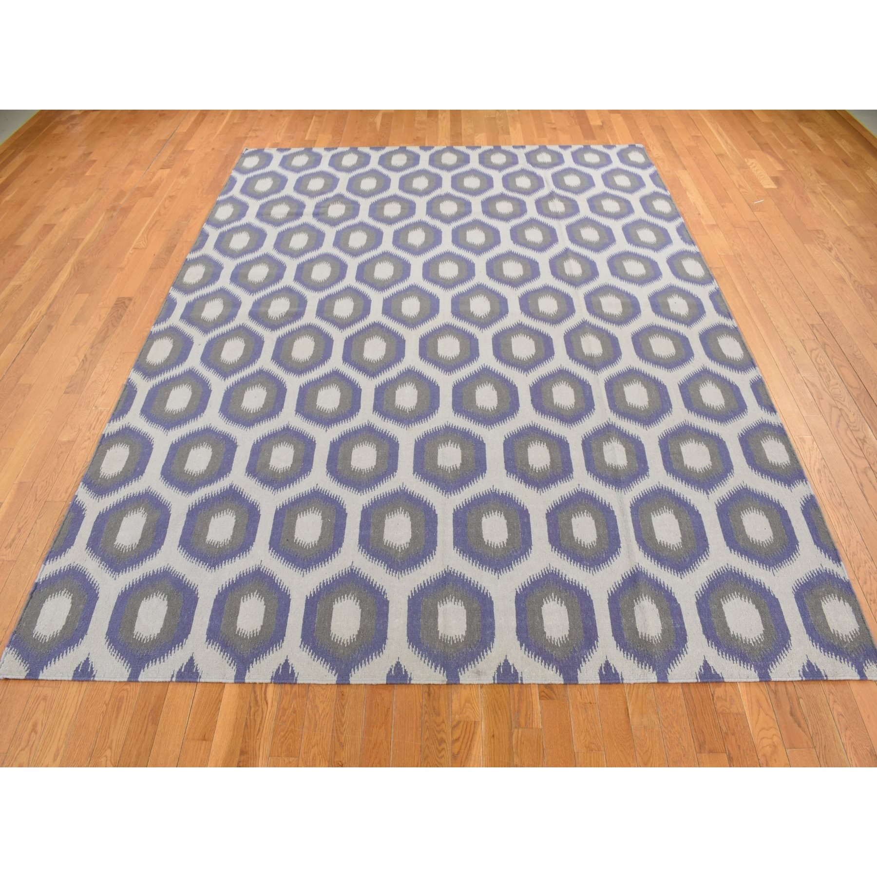 8'10''x12'2'' Beige with a mix of Purple, Flat Weave, Durie Kilim with Geometric Pattern, Reversible, Pure Wool, Hand Woven, Oriental Rug HR87869 - Image 3