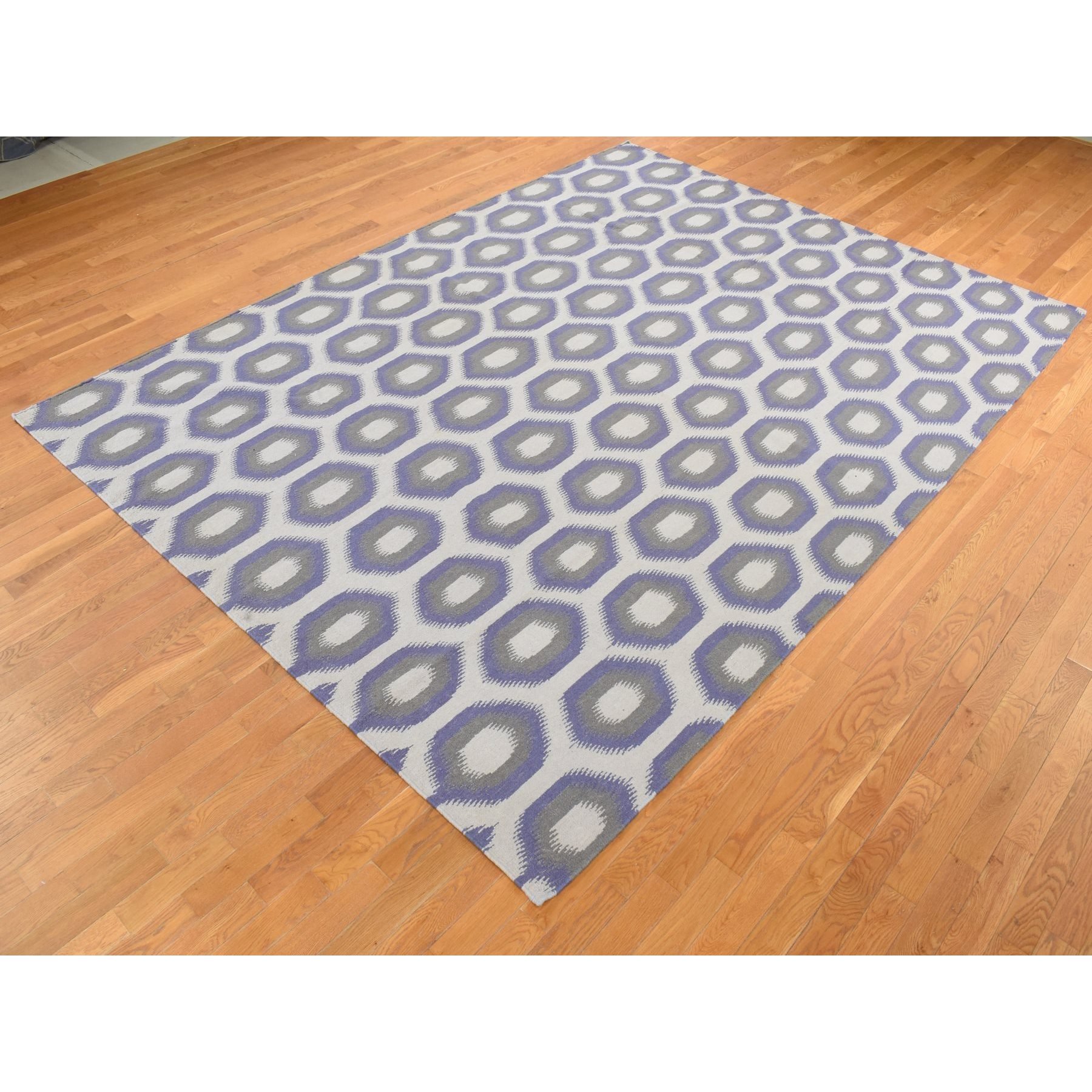8'10''x12'2'' Beige with a mix of Purple, Flat Weave, Durie Kilim with Geometric Pattern, Reversible, Pure Wool, Hand Woven, Oriental Rug HR87869 - Image 4