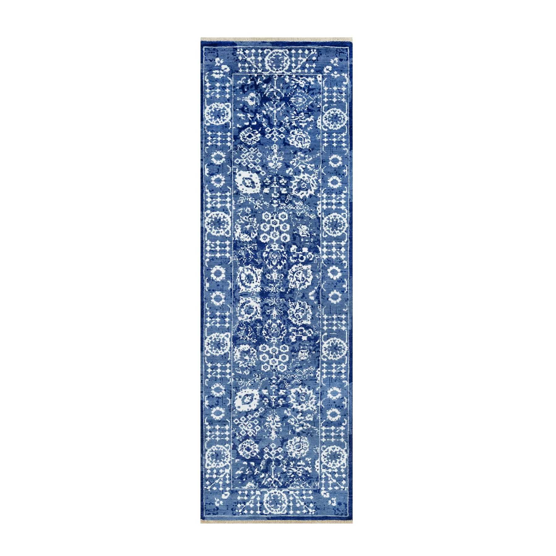 2'6"x8' Nova Blue, Borderless, Hand Knotted Tabriz, Tone on Tone Wool and Silk, All Over Leaf Design, Oriental, Runner Rug HR90666