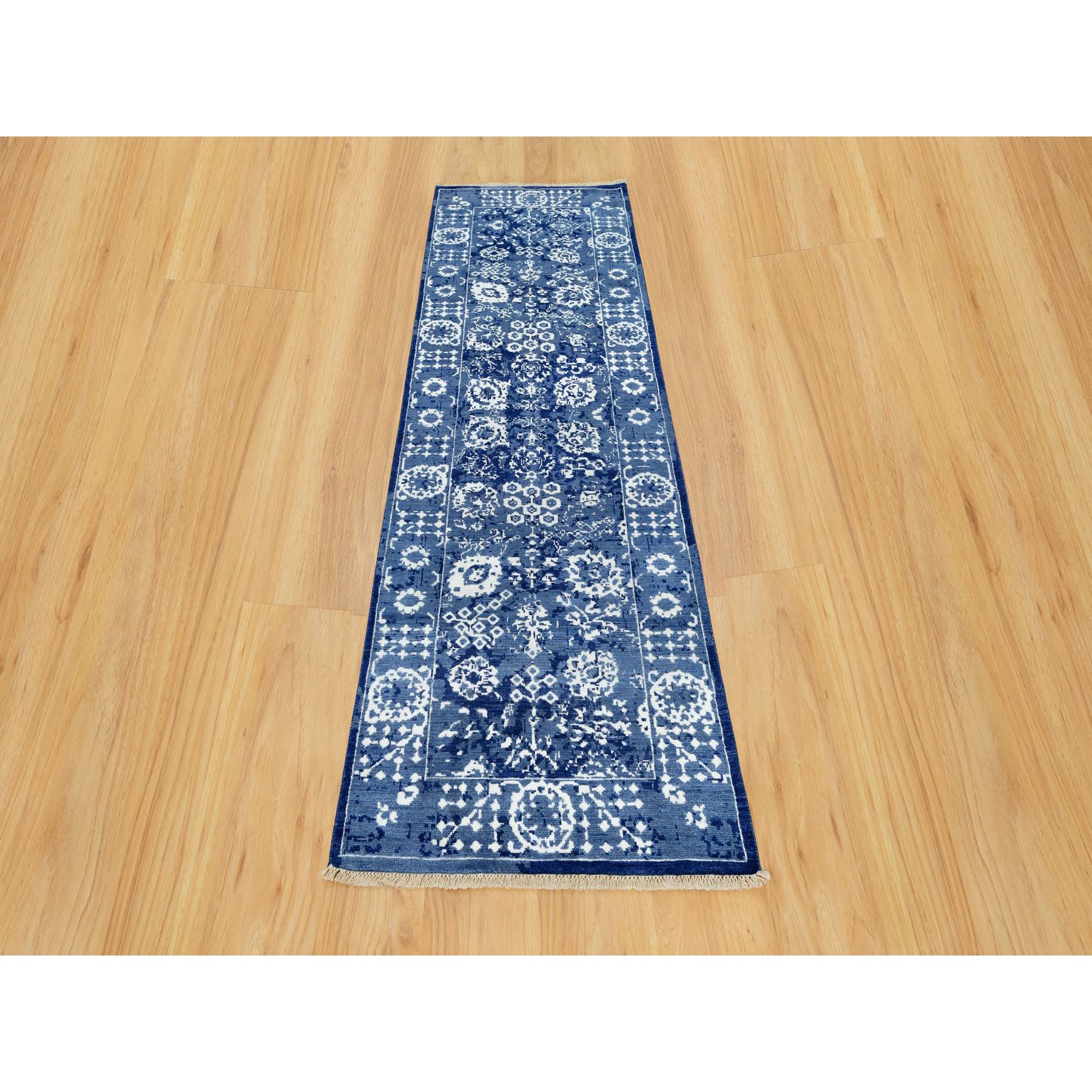 2'6"x8' Nova Blue, Borderless, Hand Knotted Tabriz, Tone on Tone Wool and Silk, All Over Leaf Design, Oriental, Runner Rug HR90666 - Image 2