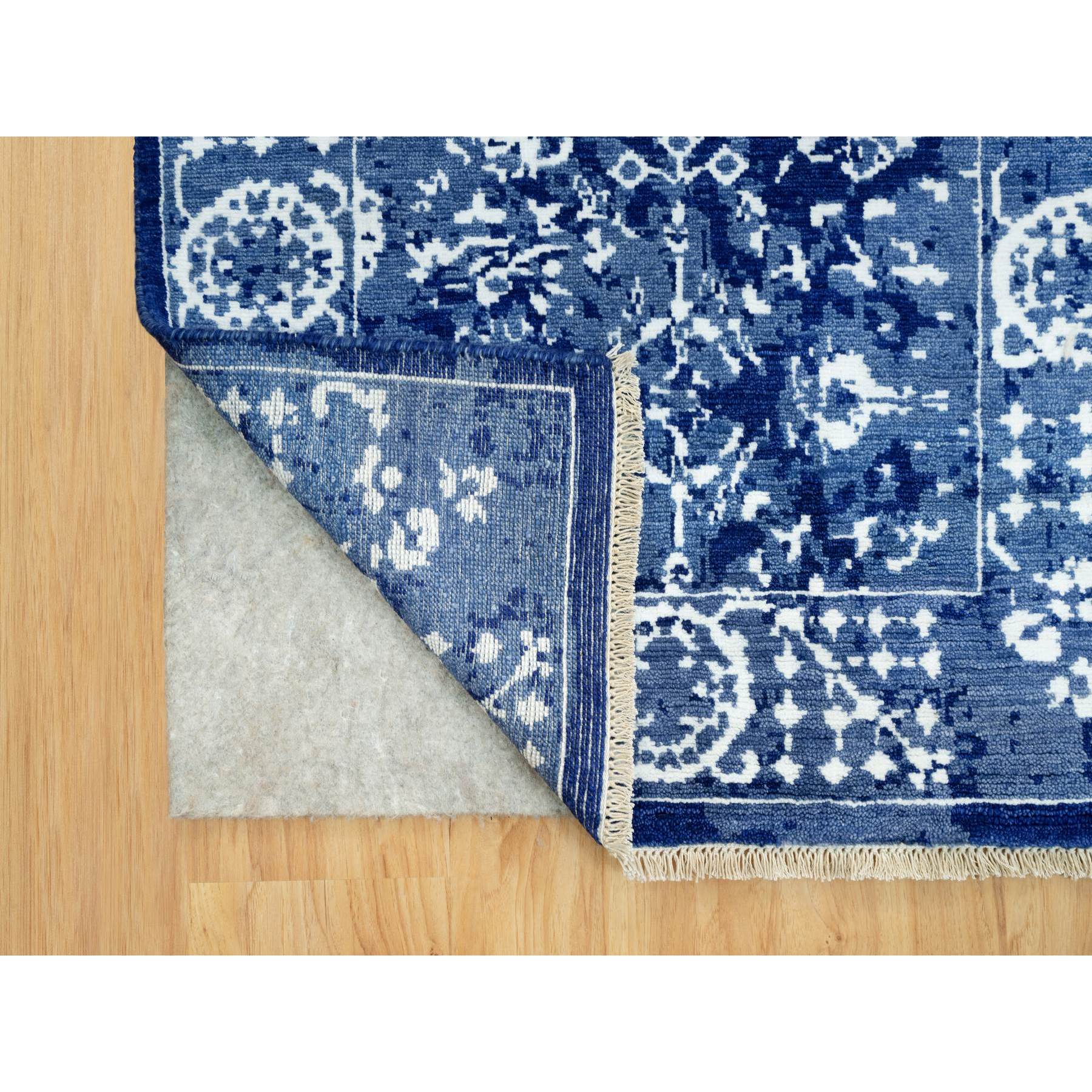 2'6"x8' Nova Blue, Borderless, Hand Knotted Tabriz, Tone on Tone Wool and Silk, All Over Leaf Design, Oriental, Runner Rug HR90666 - Image 3