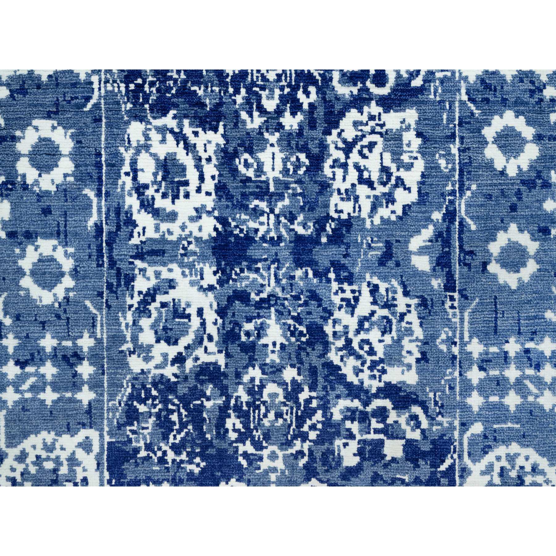 2'6"x8' Nova Blue, Borderless, Hand Knotted Tabriz, Tone on Tone Wool and Silk, All Over Leaf Design, Oriental, Runner Rug HR90666 - Image 5