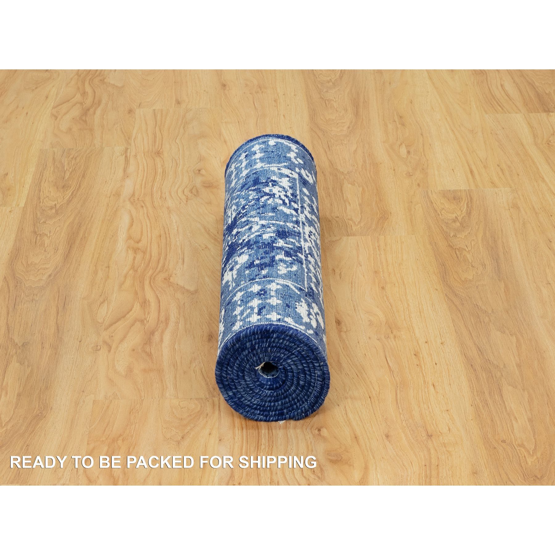 2'6"x8' Nova Blue, Borderless, Hand Knotted Tabriz, Tone on Tone Wool and Silk, All Over Leaf Design, Oriental, Runner Rug HR90666 - Image 6