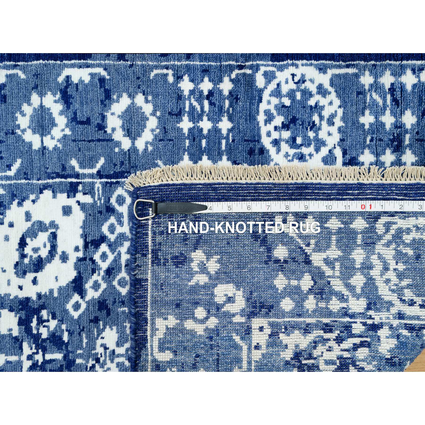2'6"x8' Nova Blue, Borderless, Hand Knotted Tabriz, Tone on Tone Wool and Silk, All Over Leaf Design, Oriental, Runner Rug HR90666 - Image 8