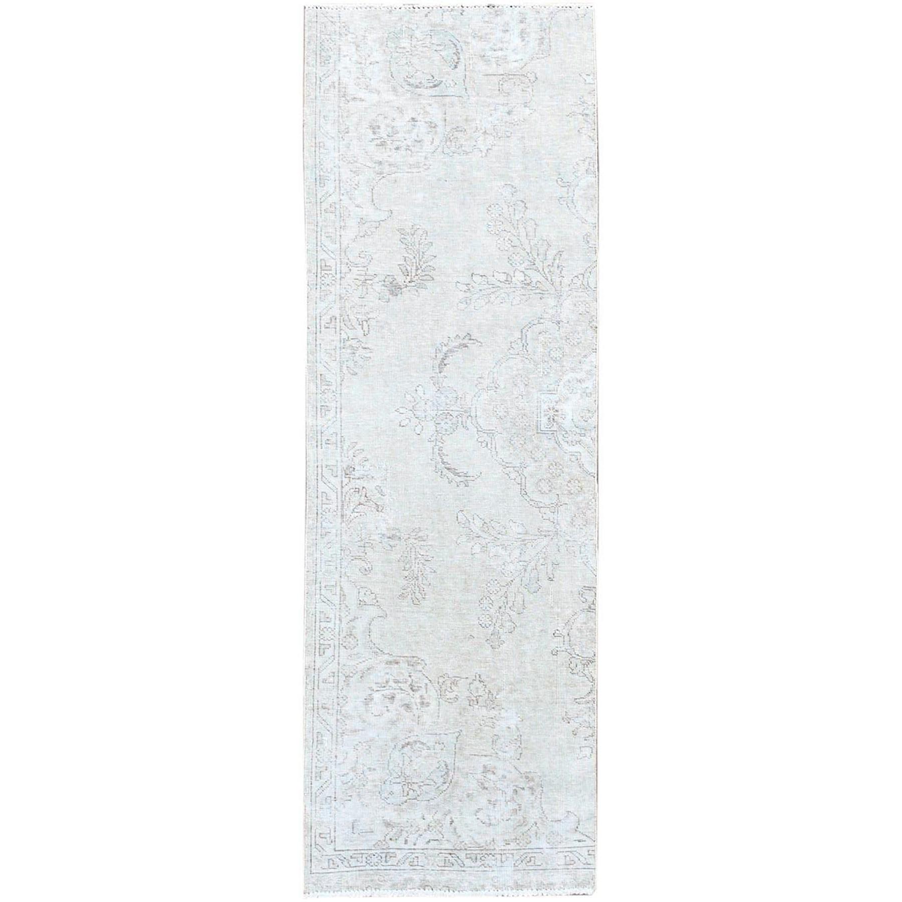 2'5"x7'6" Alabaster White, Pure Wool With Worn Out And Distressed Look, Hand Knotted Vintage Persian Tabriz, Cropped Thin, No Holes, White Wash, Runner Oriental Rug HR230