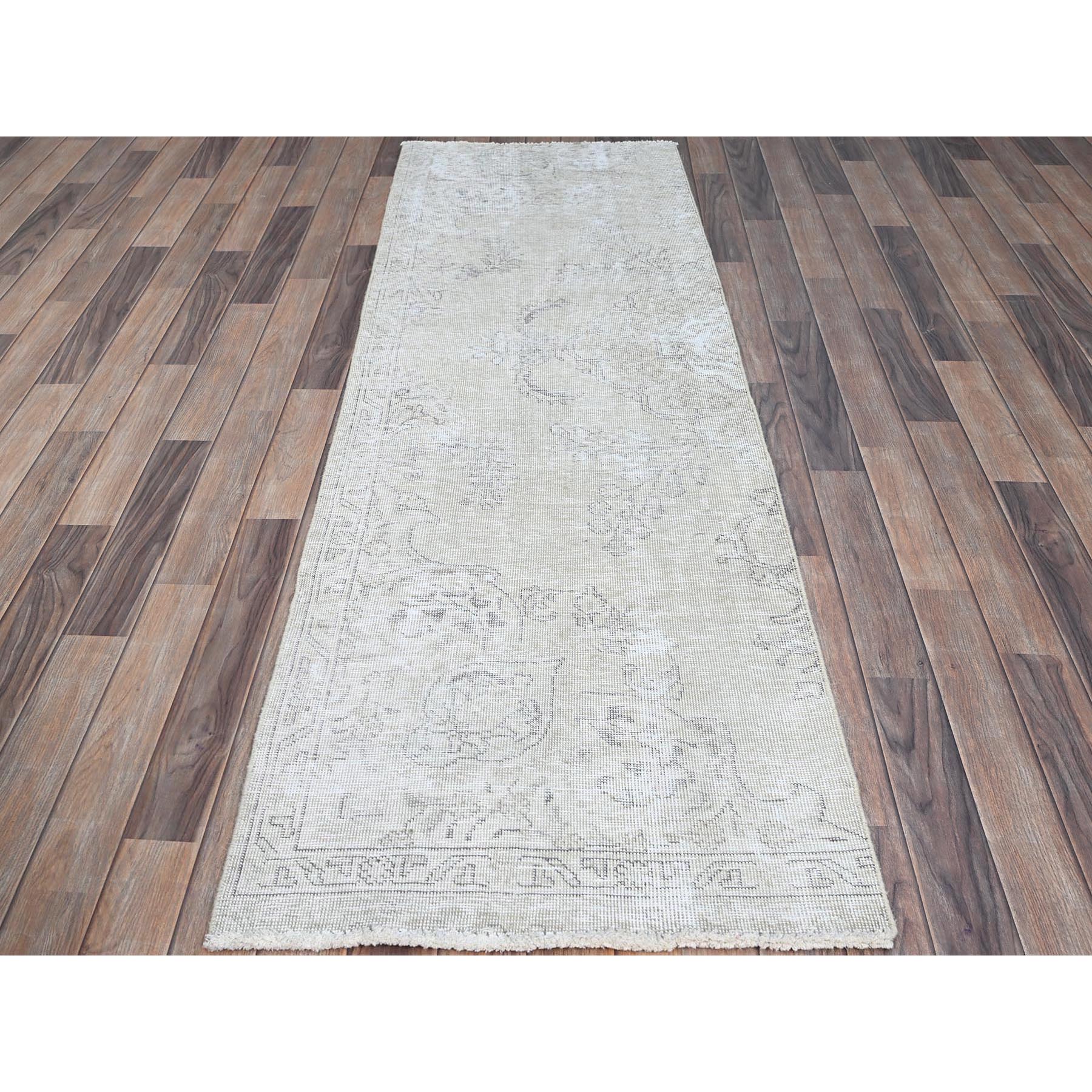 2'5"x7'6" Alabaster White, Pure Wool With Worn Out And Distressed Look, Hand Knotted Vintage Persian Tabriz, Cropped Thin, No Holes, White Wash, Runner Oriental Rug HR230 - Image 2