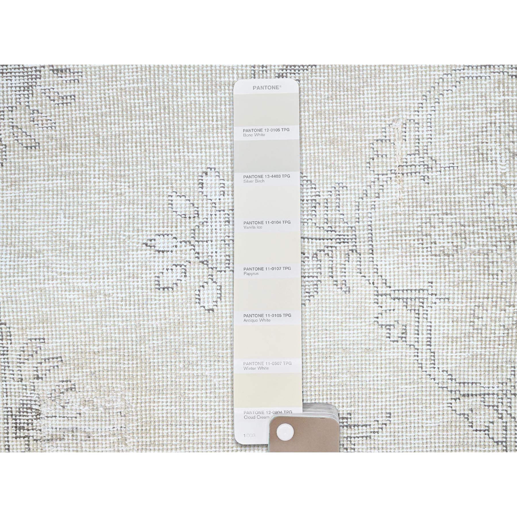 2'5"x7'6" Alabaster White, Pure Wool With Worn Out And Distressed Look, Hand Knotted Vintage Persian Tabriz, Cropped Thin, No Holes, White Wash, Runner Oriental Rug HR230 - Image 4