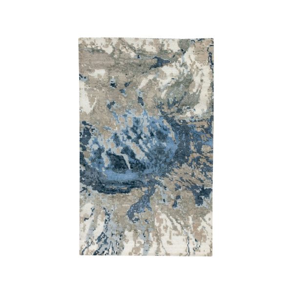 3'1"x5' Blue-Ivory Abstract Design Wool and Silk Hi-low Pile Hand Knotted Oriental Rug HR62028