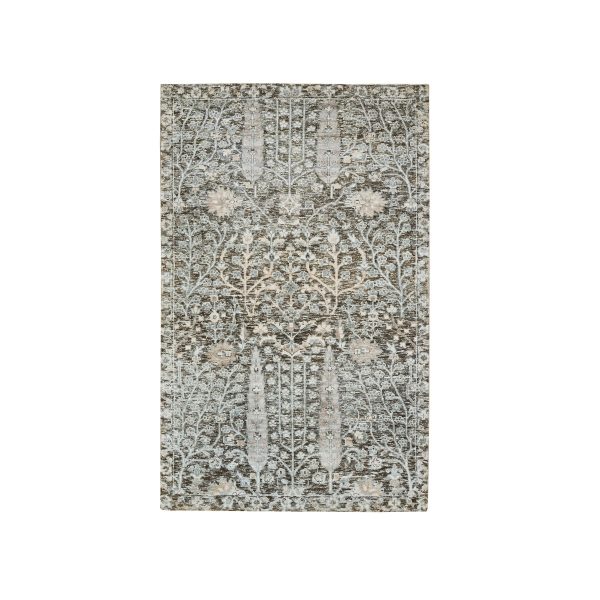 3'x5' Black and Silver, Willow and Cypress Tree Design, Silk with Textured Wool, Hand Knotted, Oriental Rug HR65181