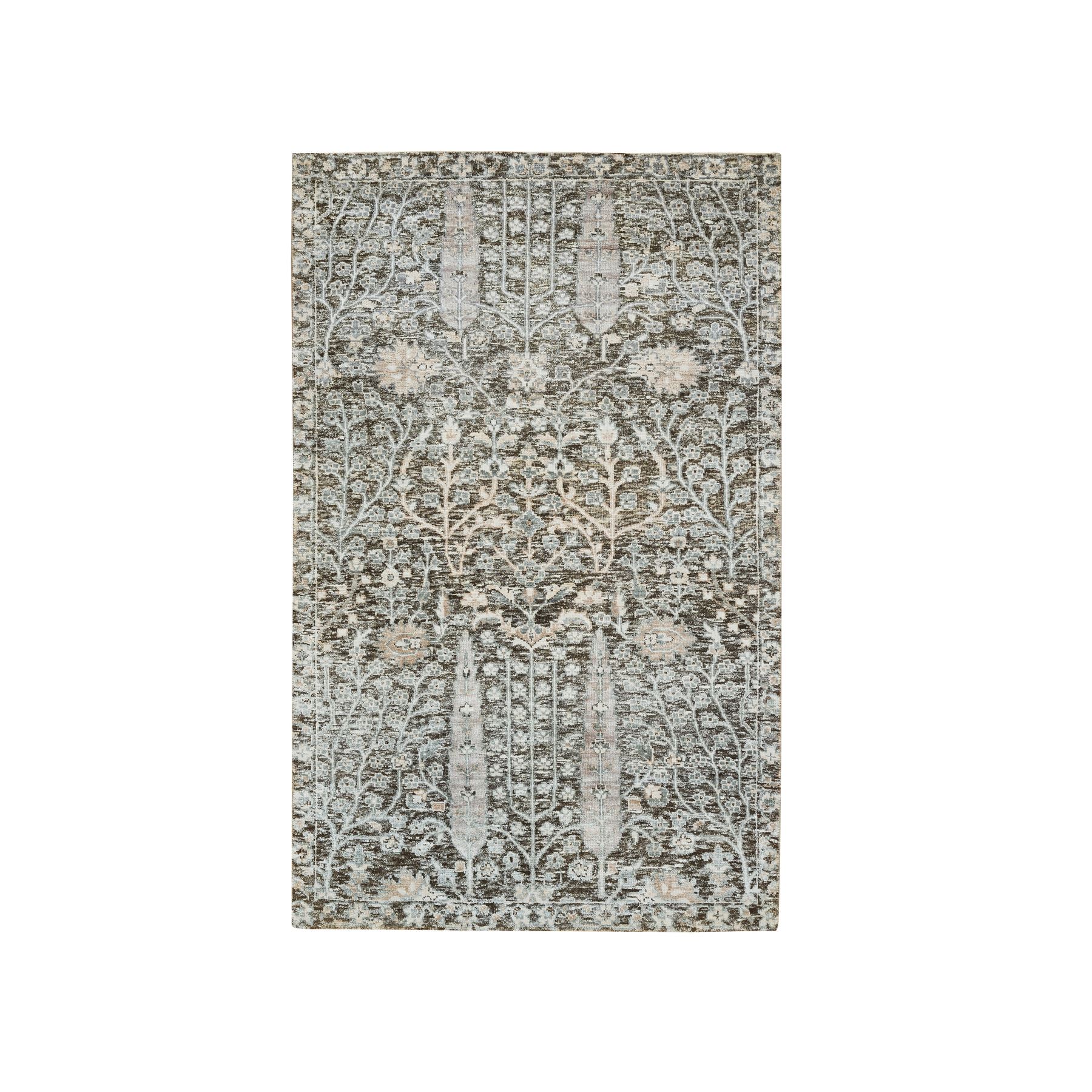 3'x5' Black and Silver, Willow and Cypress Tree Design, Silk with Textured Wool, Hand Knotted, Oriental Rug HR65181