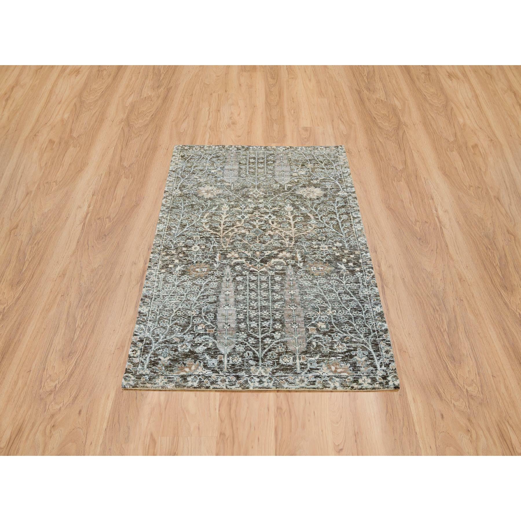 3'x5' Black and Silver, Willow and Cypress Tree Design, Silk with Textured Wool, Hand Knotted, Oriental Rug HR65181 - Image 2