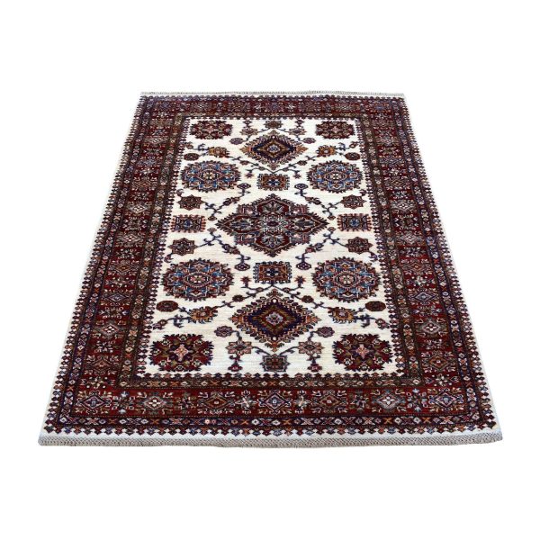 3'10"x5' Ivory with Mix of Red Super Kazak Tribal Design Hand Knotted Afghan Wool Oriental Rug HR67723