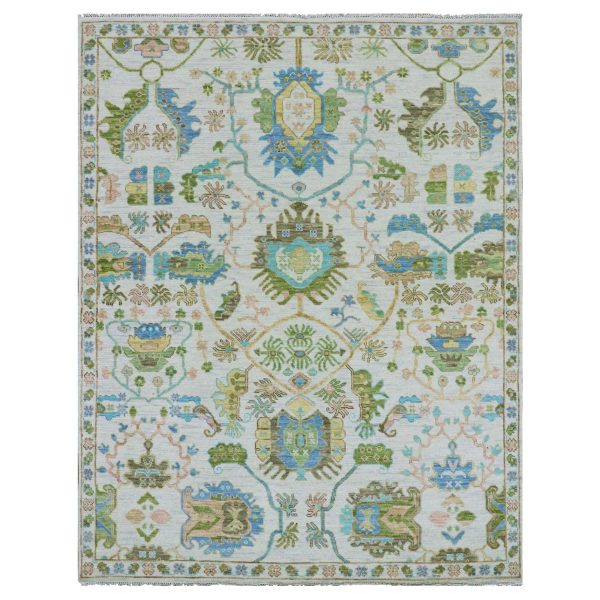 8'1"x10'4" Spring White, Vegetable Dyes, Colorful Oushak Weave and Design, Hand Knotted, 100% Wool, Oriental Rug HR79919