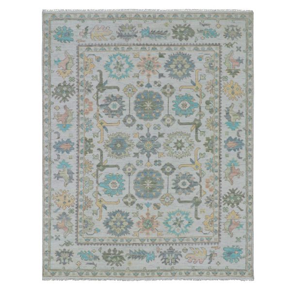 8'x10'3" Cascading White, Hand Knotted, Oushak Weave and Design, Lush Pile, 100% Wool, Pastel Colors, Oriental Rug HR79922