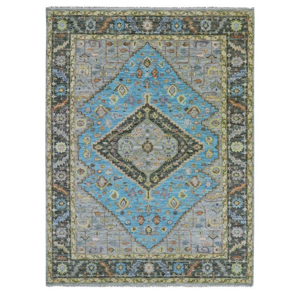 9'3"x12'5" Steel Blue, Hand Knotted, 100% Wool, Heriz with Bakshaish Design, Lush Pile, Oriental Rug HR79933