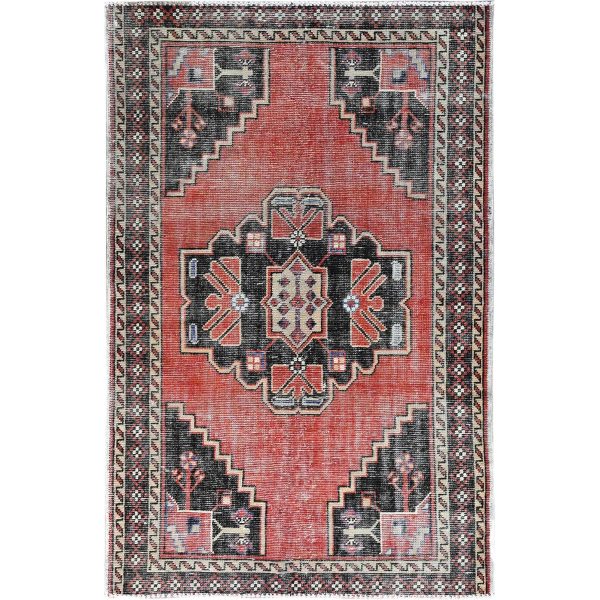 3'10"x6' Coral Red, Vintage Persian Heriz with Leaf Design Medallion, Hand Knotted, Pure Wool, Distressed, Worn Down, Oriental Rug HR86055