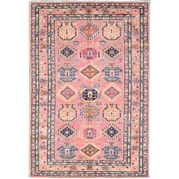 4'x6' Pink Salt, Vegetable Dyes, Dense Weave Organic Wool, Hand Knotted Afghan Super Kazak with Tribal Geometric Medallions, Oriental Rug HR86322