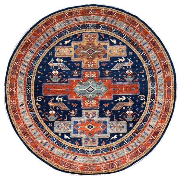 8'x8' Indigo Batik Blue, Soft and Velvety Wool, Natural Dyes, Armenian Inspired Caucasian Design, 200 KPSI, Hand Knotted Round Oriental Rug HR86411