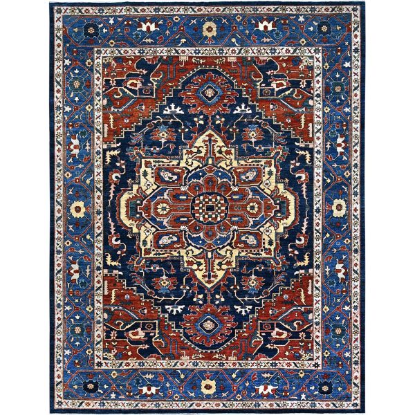 9'2"x11'8" Space Cadet Blue, Densely Woven Extra Soft Wool, Hand Knotted With Large Centre Geometric Element, Natural Dyes With Carnelian Red Corners, Afghan Peshawar Serapi Heriz, Oriental Rug HR86510