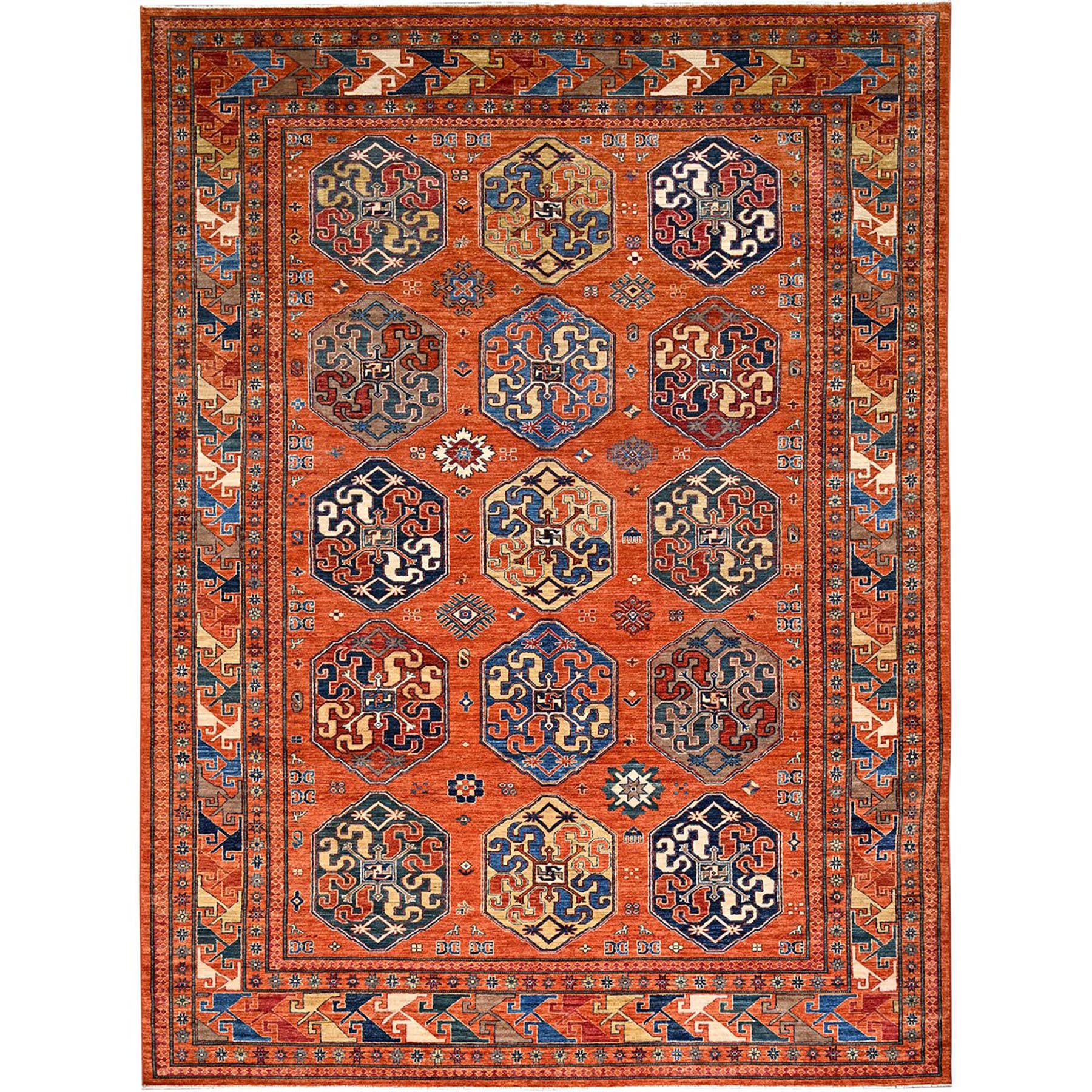 8'10"x11'10" Sun Orange, Hand Knotted, Vegetable Dyes, Natural Wool, Denser Weave, Afghan Super Kazak with Geometric Elements, Oriental Rug HR86539