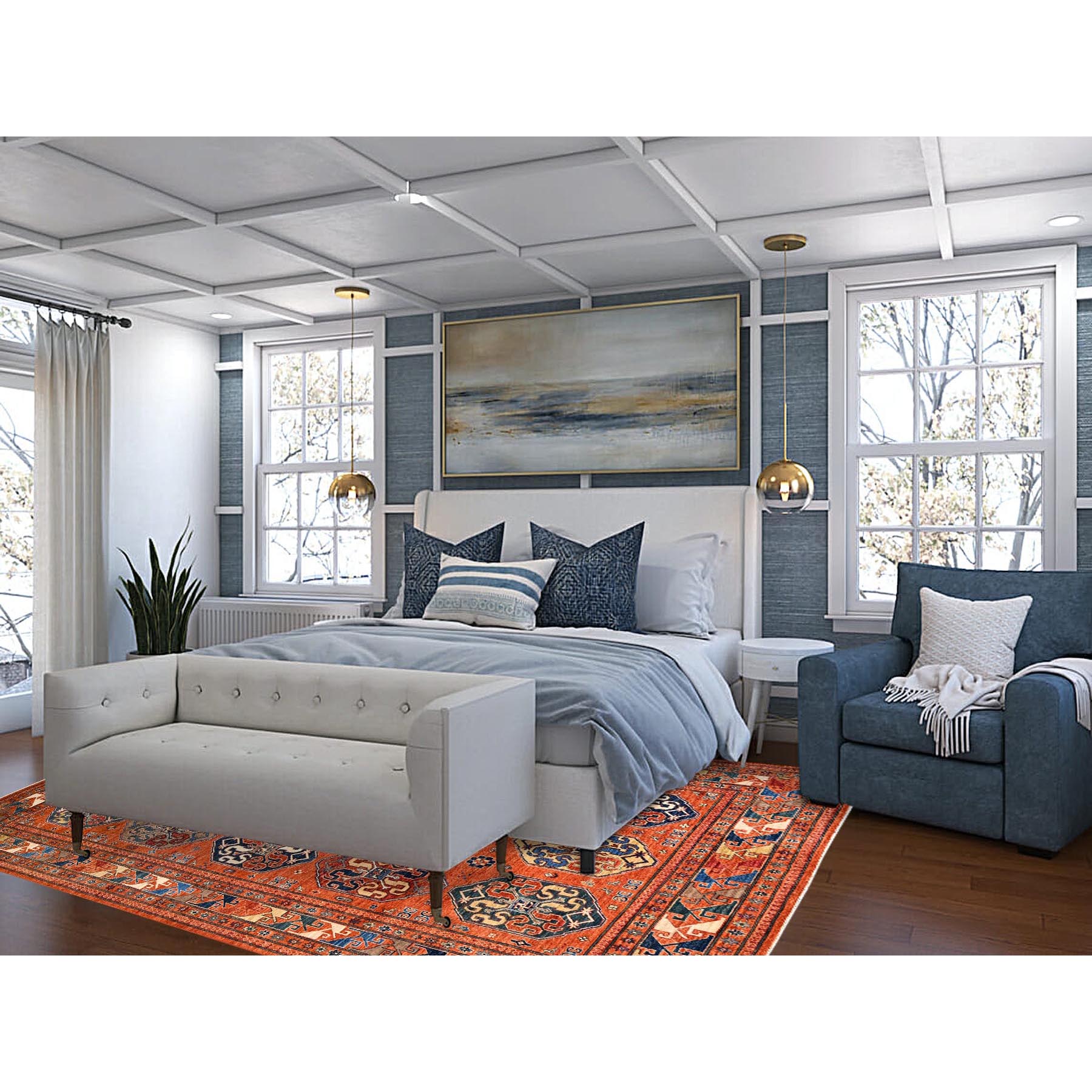 8'10"x11'10" Sun Orange, Hand Knotted, Vegetable Dyes, Natural Wool, Denser Weave, Afghan Super Kazak with Geometric Elements, Oriental Rug HR86539 - Image 2
