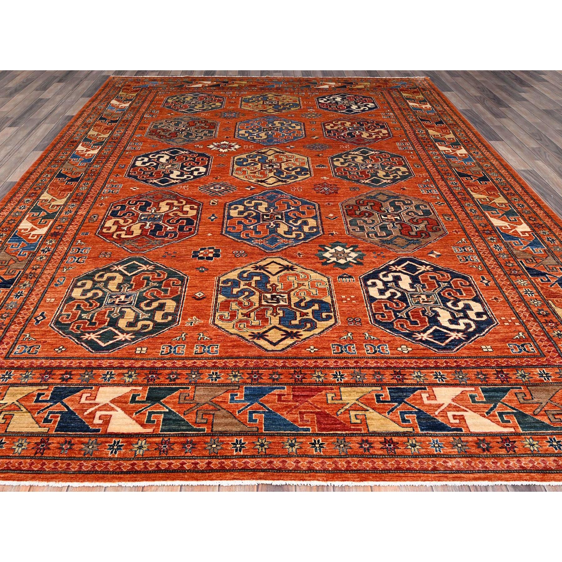 8'10"x11'10" Sun Orange, Hand Knotted, Vegetable Dyes, Natural Wool, Denser Weave, Afghan Super Kazak with Geometric Elements, Oriental Rug HR86539 - Image 3