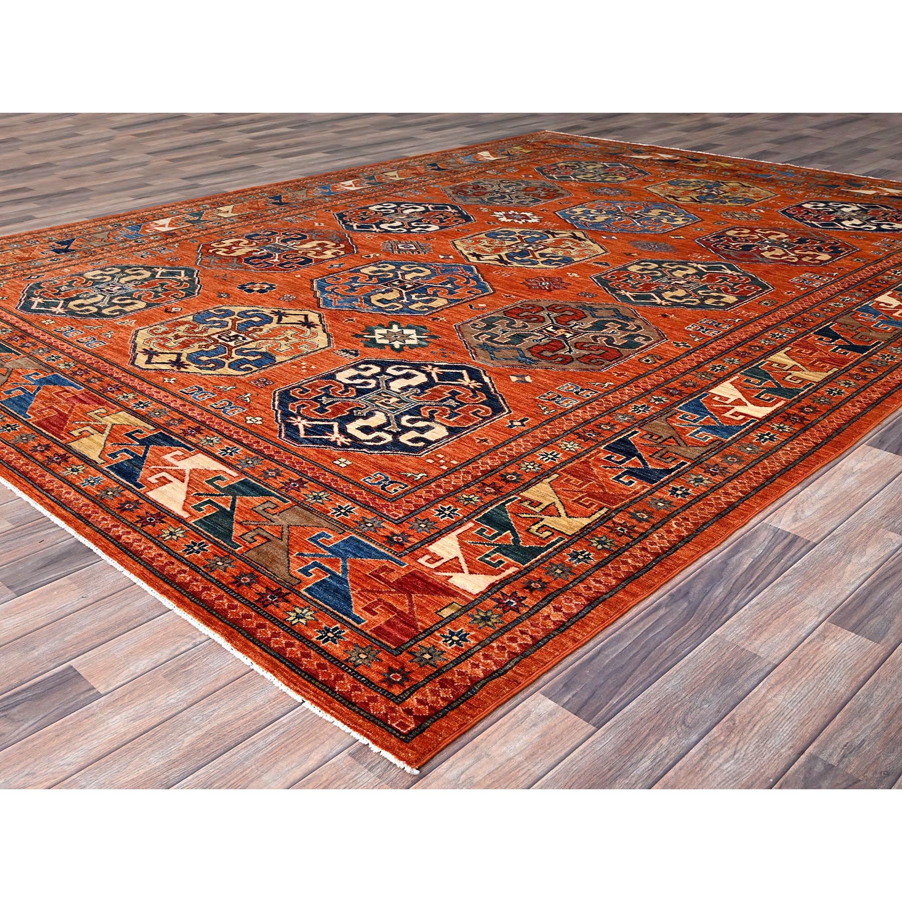 8'10"x11'10" Sun Orange, Hand Knotted, Vegetable Dyes, Natural Wool, Denser Weave, Afghan Super Kazak with Geometric Elements, Oriental Rug HR86539 - Image 4