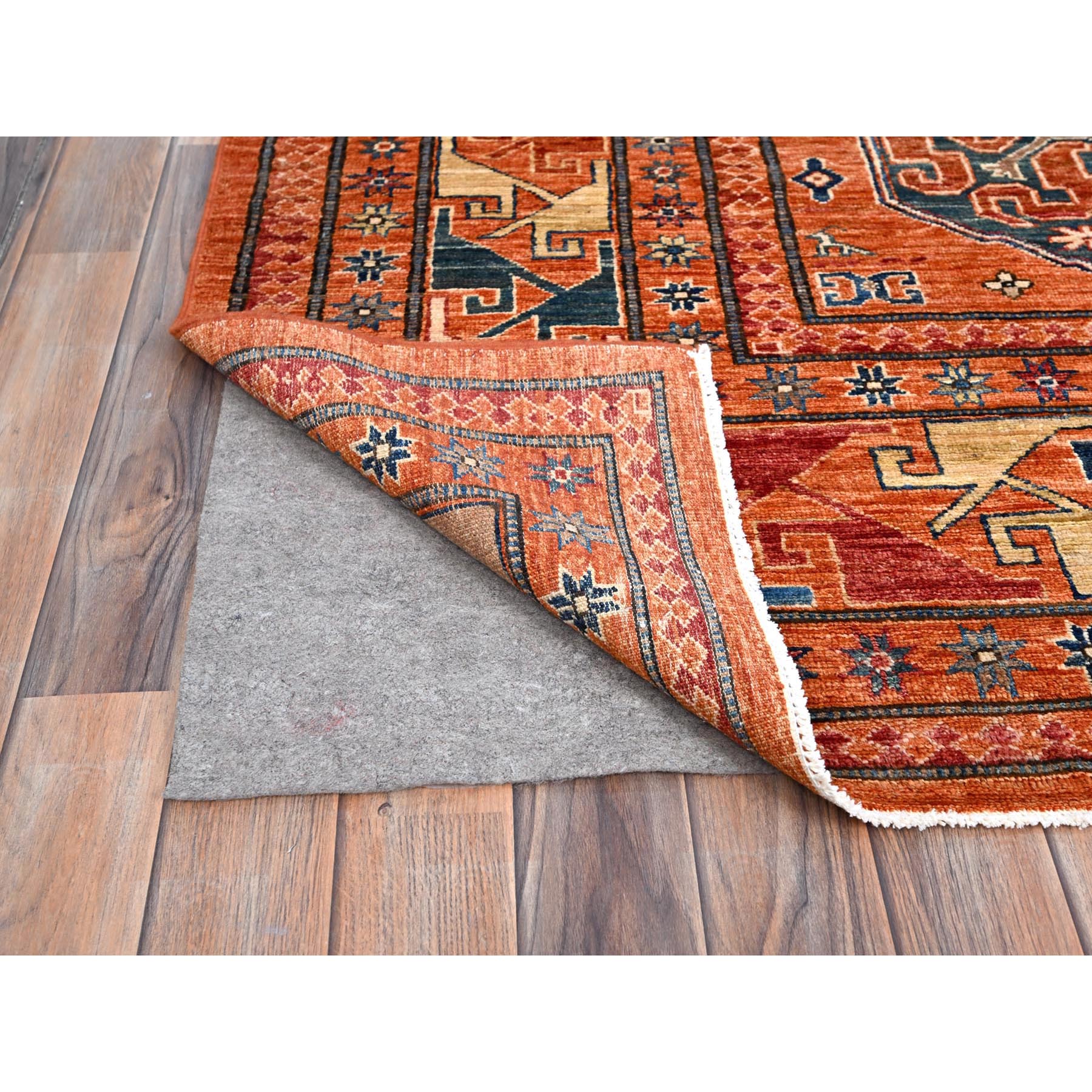 8'10"x11'10" Sun Orange, Hand Knotted, Vegetable Dyes, Natural Wool, Denser Weave, Afghan Super Kazak with Geometric Elements, Oriental Rug HR86539 - Image 5