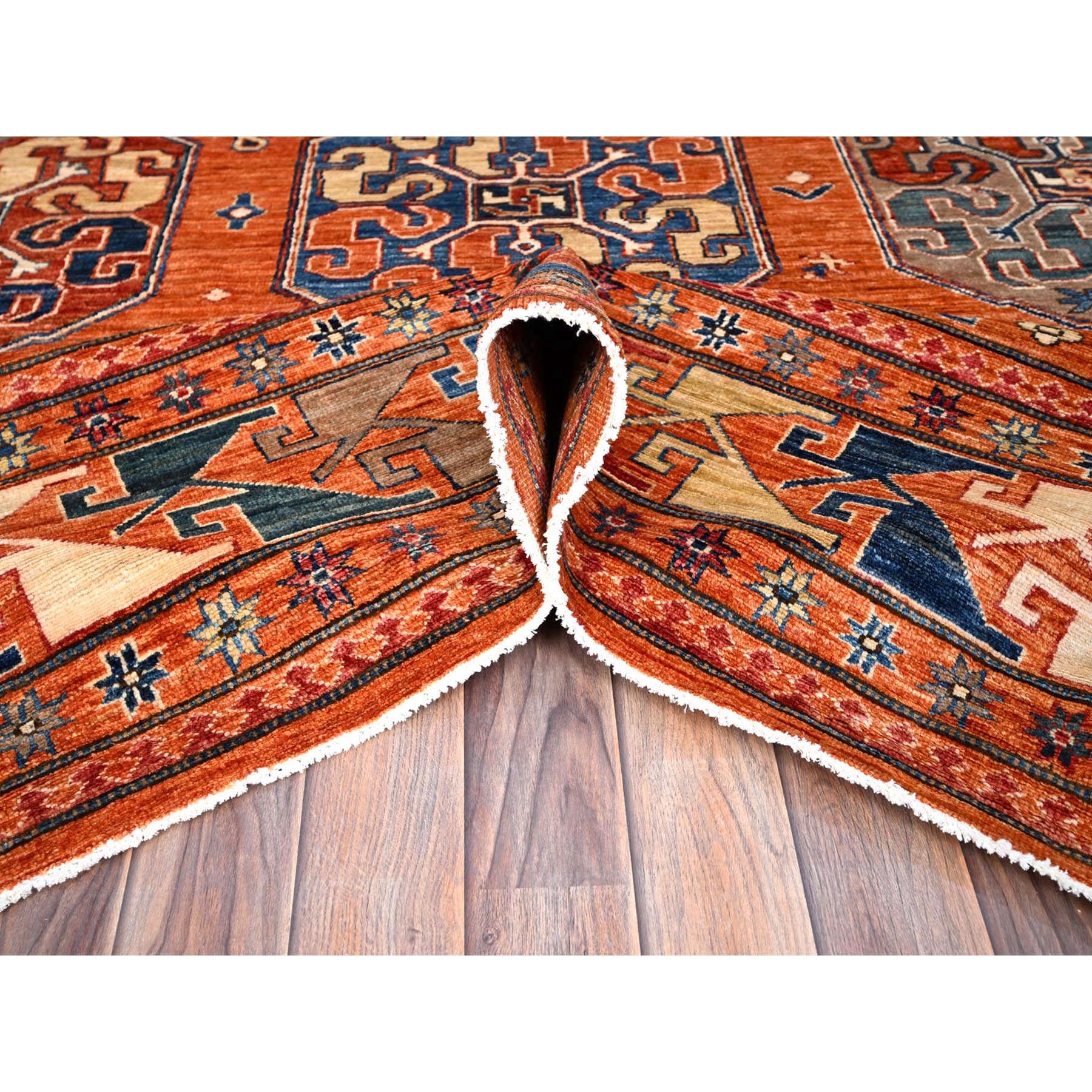 8'10"x11'10" Sun Orange, Hand Knotted, Vegetable Dyes, Natural Wool, Denser Weave, Afghan Super Kazak with Geometric Elements, Oriental Rug HR86539 - Image 6