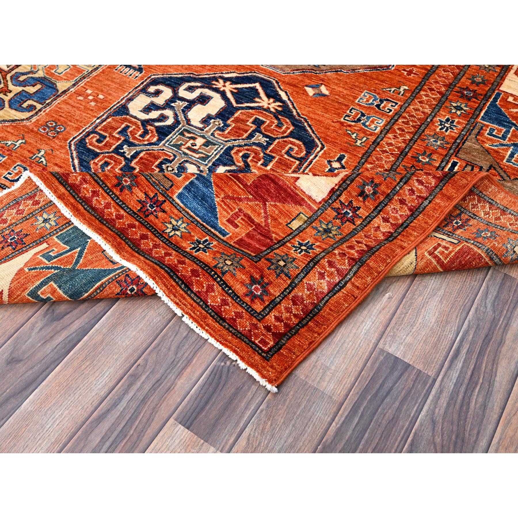 8'10"x11'10" Sun Orange, Hand Knotted, Vegetable Dyes, Natural Wool, Denser Weave, Afghan Super Kazak with Geometric Elements, Oriental Rug HR86539 - Image 7